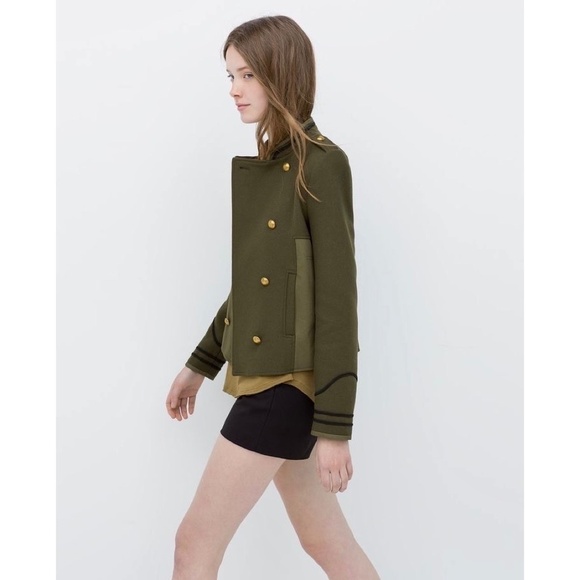 ZARA Green Army Jacket Pea Coat Wool Double Breasted Jacket Military Small - Picture 1 of 16